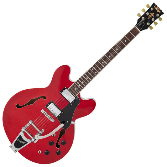 Vintage VSA500B ReIssued Semi Acoustic Guitar w/Bigsby ~ Cherry Red